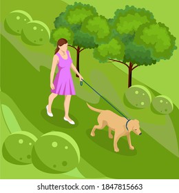 Isometric girl in casual clothes walking in park with golden retriever. Season winter, spring, summer, autumn. Pet care concept. Front view