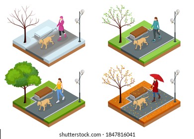 Isometric girl in casual clothes walking in park with golden retriever. Season winter, spring, summer, autumn. Pet care concept. Front view