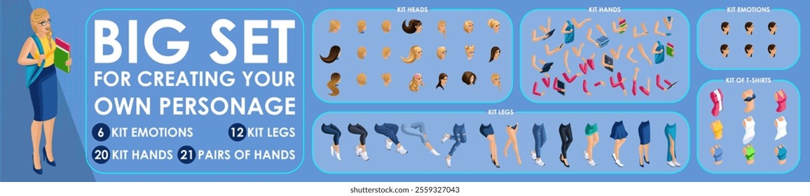 Isometric Girl character constructor for designed. Set various action N2. Set of Students personages flat style illustration.