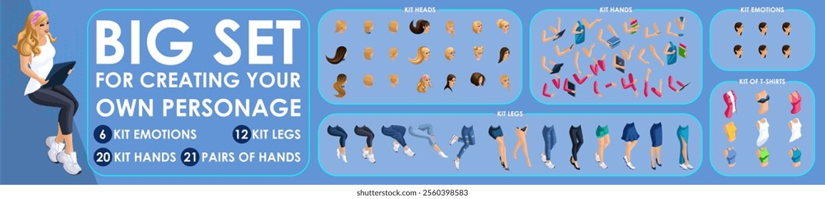 Isometric Girl character constructor for designed. Set various action N8. Set of Students personages flat style illustration