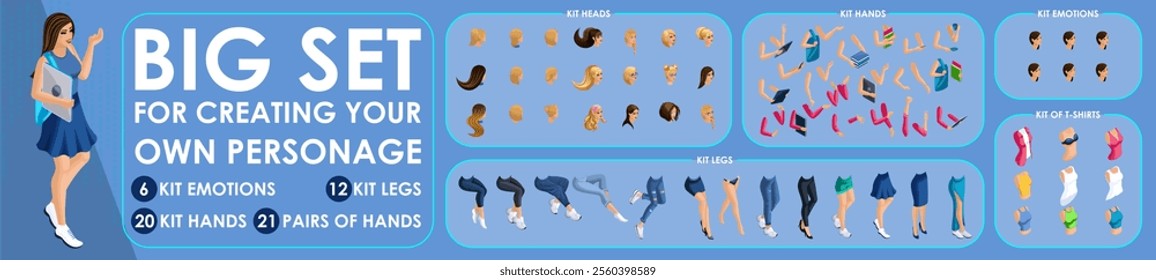 Isometric Girl character constructor for designed. Set various action N6. Set of Students personages flat style illustration