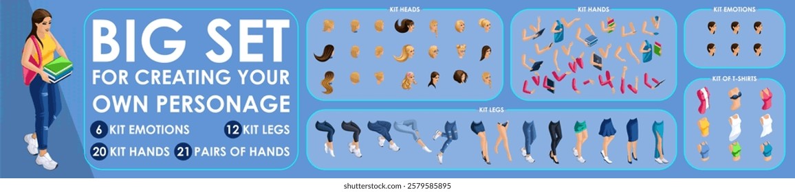 Isometric Girl character constructor for designed. Set various action N4. Set of Students personages flat style illustration