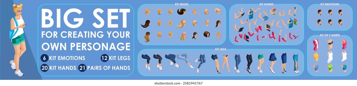 Isometric Girl character constructor for designed. Set various action N5. Set of Students personages flat style illustration