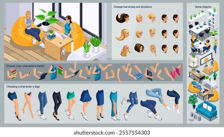 Isometric Girl characters constructor for design. Use Separate Body Parts to Create An Animated Character. Set of Emotions, Hairstyles, Hands and Feet. Set action N2.