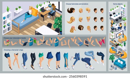 Isometric Girl characters constructor for design. Use Separate Body Parts to Create An Animated Character. Set of Emotions, Hairstyles, Hands and Feet. Set action N1