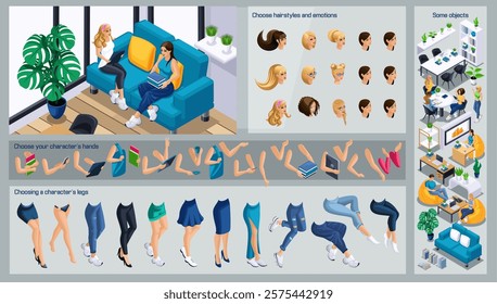 Isometric Girl characters constructor for design. Use Separate Body Parts to Create An Animated Character. Set of Emotions, Hairstyles, Hands and Feet. Set action N3