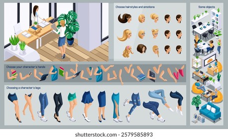 Isometric Girl characters constructor for design. Use Separate Body Parts to Create An Animated Character. Set of Emotions, Hairstyles, Hands and Feet. Set action N4