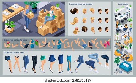 Isometric Girl characters constructor for design. Use Separate Body Parts to Create An Animated Character. Set of Emotions, Hairstyles, Hands and Feet. Set action N5