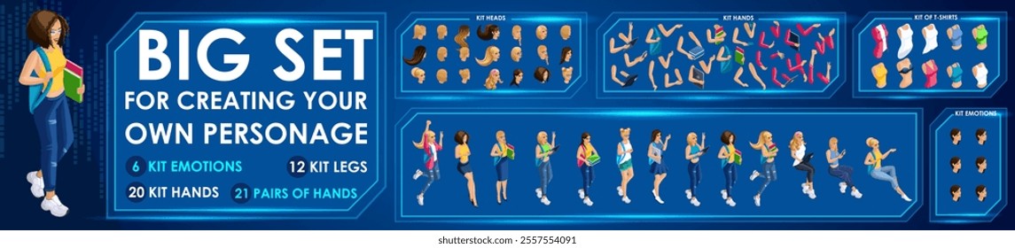 Isometric Girl characters constructor for designed N2. Presentation in various action. Set of Students personages flat style illustration.