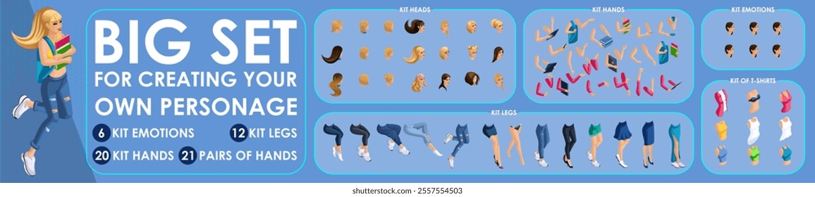 Isometric Girl characters constructor for designed N2. Presentation in various action. Set of Students personages flat style illustration.