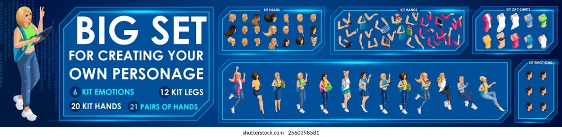 Isometric Girl characters constructor for designed N4. Presentation in various action. Set of Students personages flat style illustration