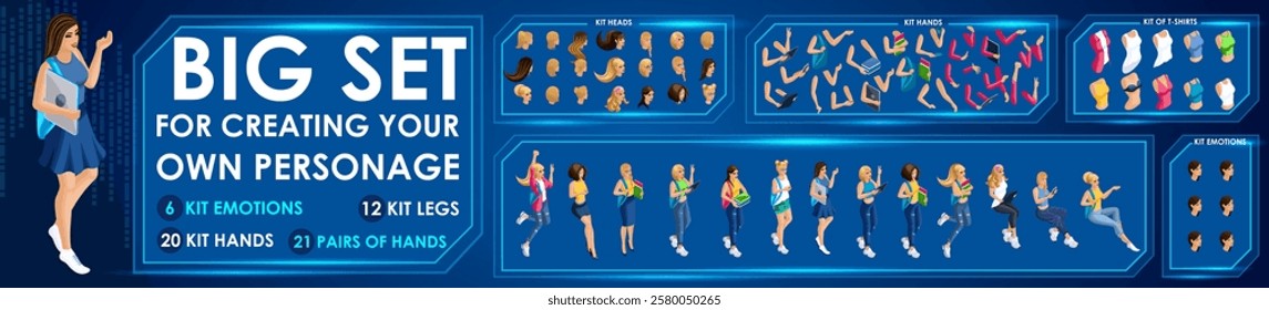 Isometric Girl characters constructor for designed N7. Presentation in various action. Set of Students personages flat style illustration