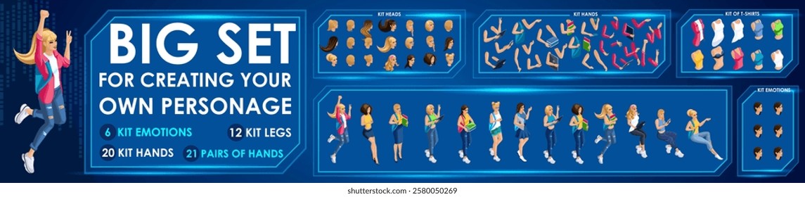 Isometric Girl characters constructor for designed N8. Presentation in various action. Set of Students personages flat style illustration