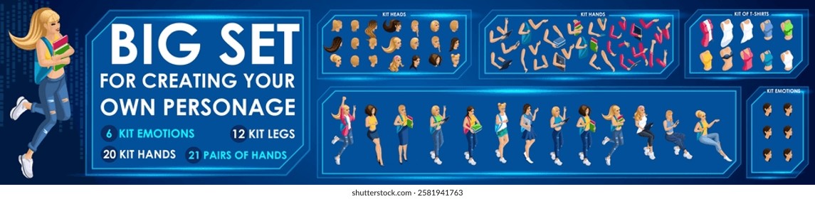 Isometric Girl characters constructor for designed N1. Presentation in various action. Set of Students personages flat style illustration