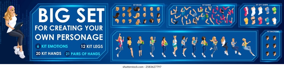Isometric Girl characters constructor for designed N9. Presentation in various action. Set of Students personages flat style illustration