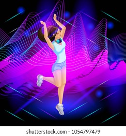 The isometric girl is a DJ on the background of musical waves, the girl is dancing, the hair is developing, jumping. Isometric girl for animation