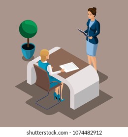 Isometric girl entrepreneur reads a loan agreement with a bank, customer service in a city bank. Loan for opening a business.
