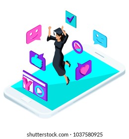 Isometric girl graduate, jumping is happy, academic clothes, diploma, mantle, shoots video blog, smileys, likes, smartphone, a laptop