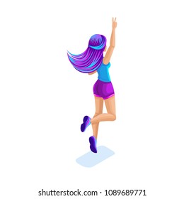 Isometric girl jumping, having fun, happy with colorful hair, concept of magical bright hair, rear view, bright pink and blue hair.