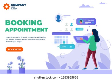 Isometric girl, lady booking appointment-planing business meeting-online calendar update-cartoon concept-creative character designs with abstract shapes