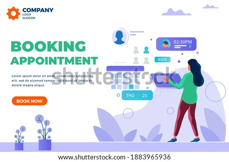 Isometric girl, lady booking appointment-planing business meeting-online calendar update-cartoon concept-creative character designs with abstract shapes