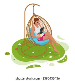 Isometric girl with a laptop sitting on the garden swing. Place for outdoor recreation isolated on white background.