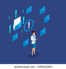 Isometric girl leader, businesswoman, found the data analysis file in one of the folders on the tablet, phone, smartphone, generation Y