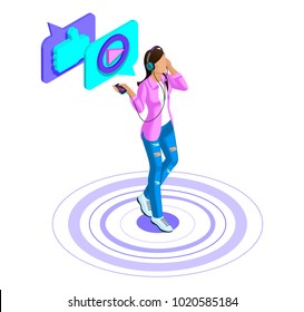 Isometric girl listens to music, watches video, puts likes on a smartphone, social networks, claimed video blogs, communication on the Internet