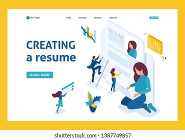 Isometric girl makes a resume, aspirant, job seeker concept. Template Landing page