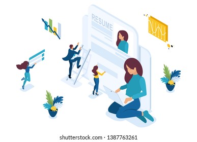 Isometric girl makes a resume, aspirant, job seeker concept. Concept for web design.