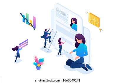 Isometric girl makes a resume, aspirant, job seeker concept, bright color. Concept for web design