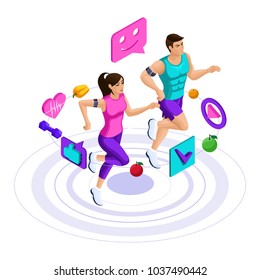 Isometric girl and man run, jump, couple on a run, athletes, sportswear, icons, healthy lifestyle set 1