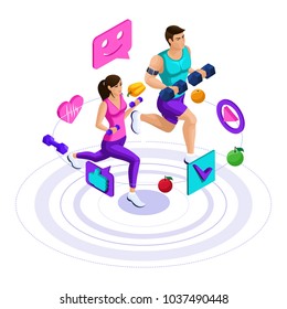 Isometric girl and man run, jump, couple on a run, athletes, sportswear, icons, healthy lifestyle set 4