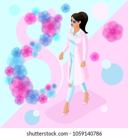 Isometric girl in a pink coat against a beautiful background with flowers, decorated in the form of a figure eight, a banner in honor of the International Women's Day.