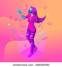 Isometric girl playing in a virtual game. The teenagers are generation Z with gadgets. Bright hair color, beautiful stylish colors on a colorful background.