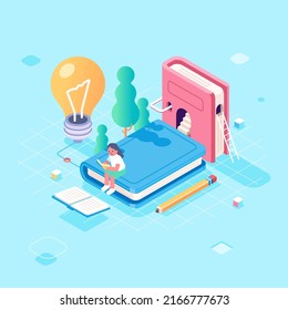 Isometric girl reading and studying on a book looking for ideas and knowledge, with educational fantasy elements, pastel color palette. abstract imaginative