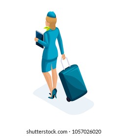 The isometric girl of the stewardess comes with a suitcase and documents. Work in international airlines