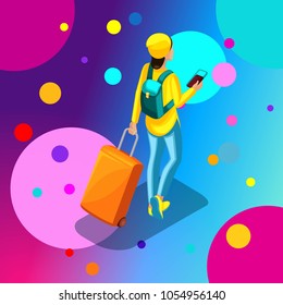 Isometric girl in stylish bright clothes, hipster, generation Z, teenager with suitcase at the airport, vacation, travel, tourist