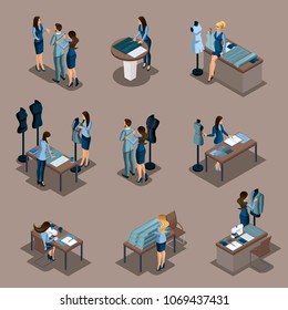 Isometric girl tailor, a set of mini concepts for work in a sewing workshop. Entrepreneur, business woman, own business.