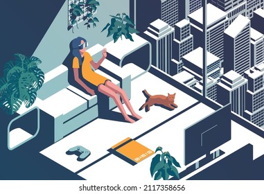 Isometric girl with VR goggle and cat on apartment vector flat design illustration