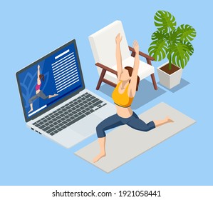 Isometric girl watching online classes on laptop, practicing yoga, meditation. Live stream, internet education. Healthy lifestyle concept.