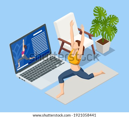 Isometric girl watching online classes on laptop, practicing yoga, meditation. Live stream, internet education. Healthy lifestyle concept.