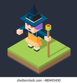 The isometric girl Witch doll on green grass square.