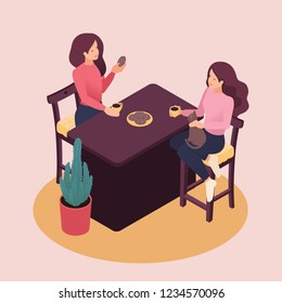 Isometric girlfriend spend a weekend together, talking, drinking tea. Great concept for a Landing page.