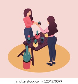 Isometric girlfriend spend a weekend together, taking care of flowers. Great concept for a Landing page.