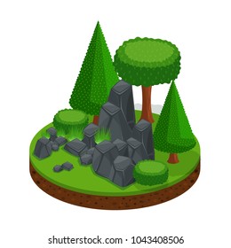 Isometric glade with a stone mountain, a forest of trees and conifers, an excellent landscape for games