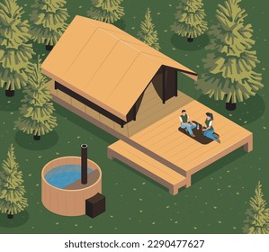 Isometric glamping composition with forest background and wooden house with pool and loving couple on porch vector illustration