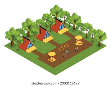 Isometric glamping composition with isolated view of outdoor area with triangle shaped eco houses and yard vector illustration