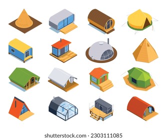 Isometric glamping set of isolated eco houses tents and modern style outdoor buildings on blank background vector illustration