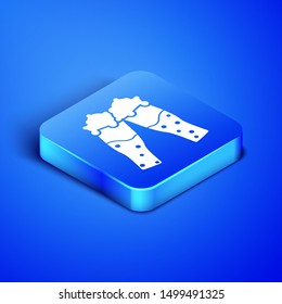 Isometric Glass of beer icon isolated on blue background. Blue square button. Vector Illustration